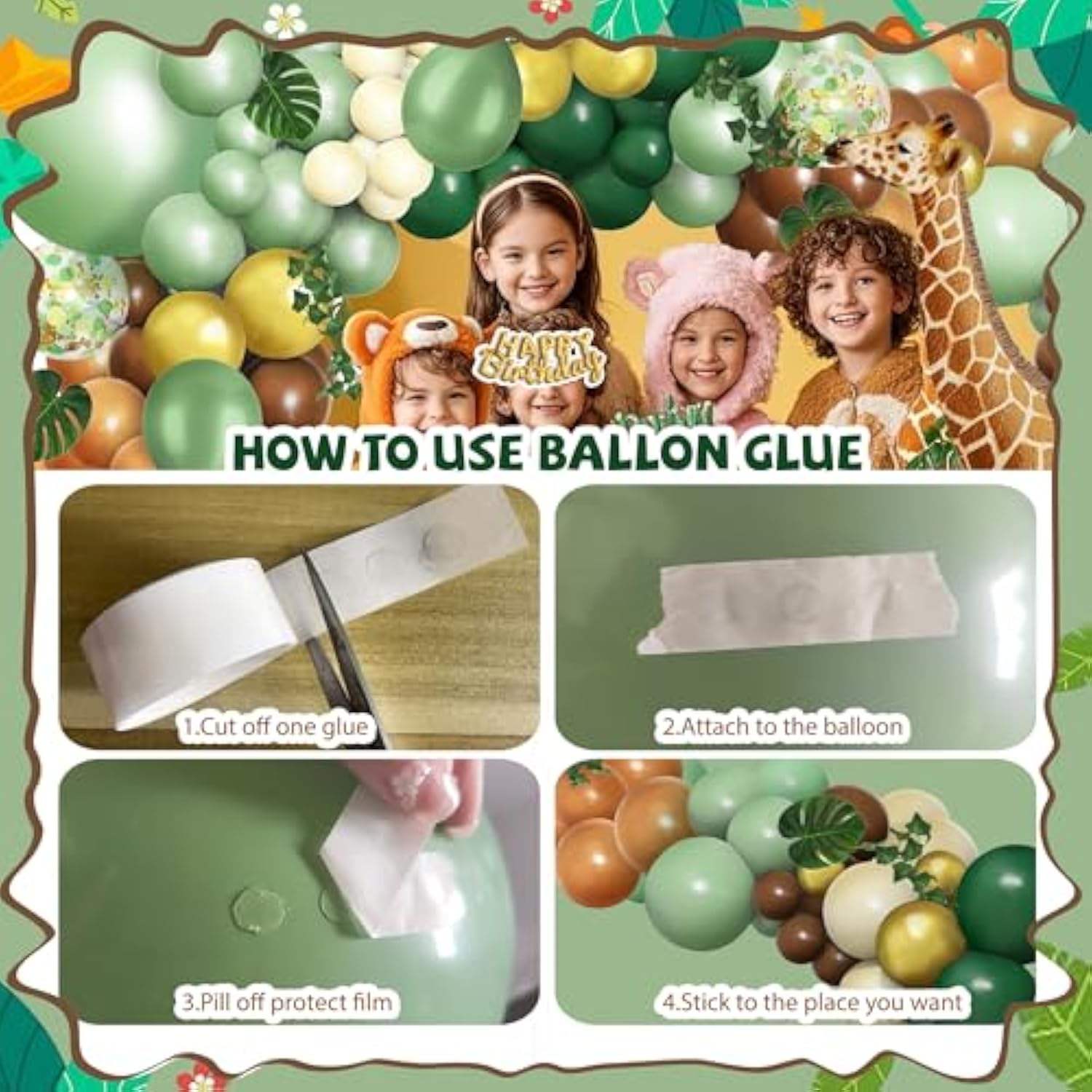 148Pcs Safari Balloon Arch Kit Sage Green Brown Jungle Animal Print Decor