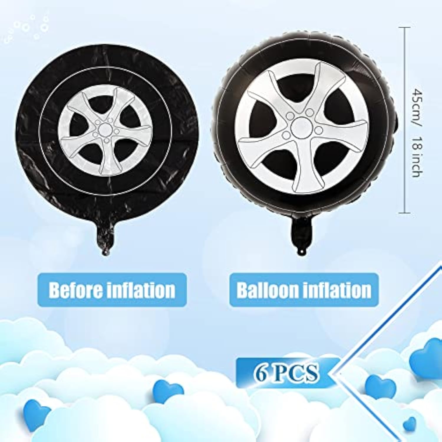 6pcs Race Car Tire Foil Balloons – 18" Black & White Party Decor for Car-Themed Birthdays