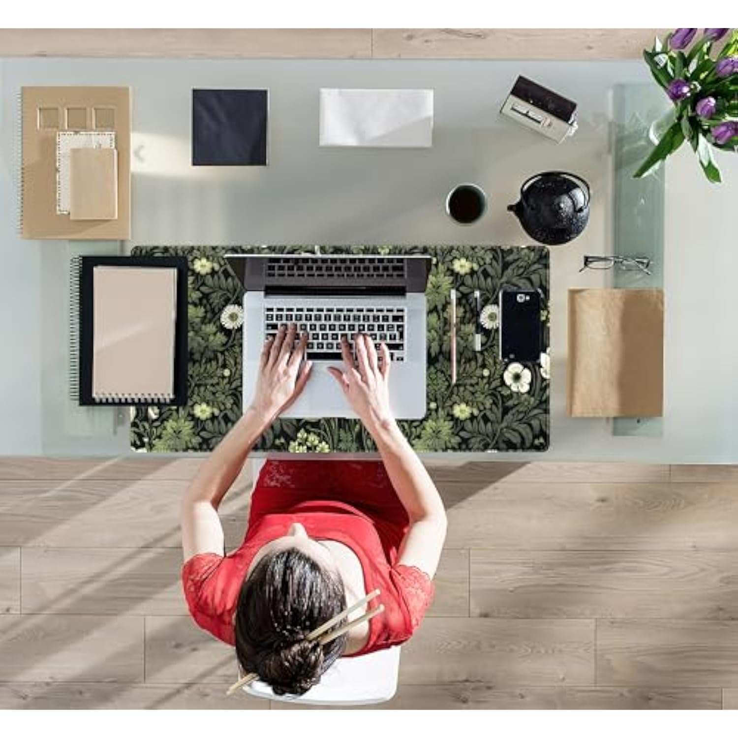 Dark Green Floral Plants Xxl Gaming Mousepad & Desk Pad - Nature Leaf Flower Laptop Keyboard Mat 31.5 X 15.75