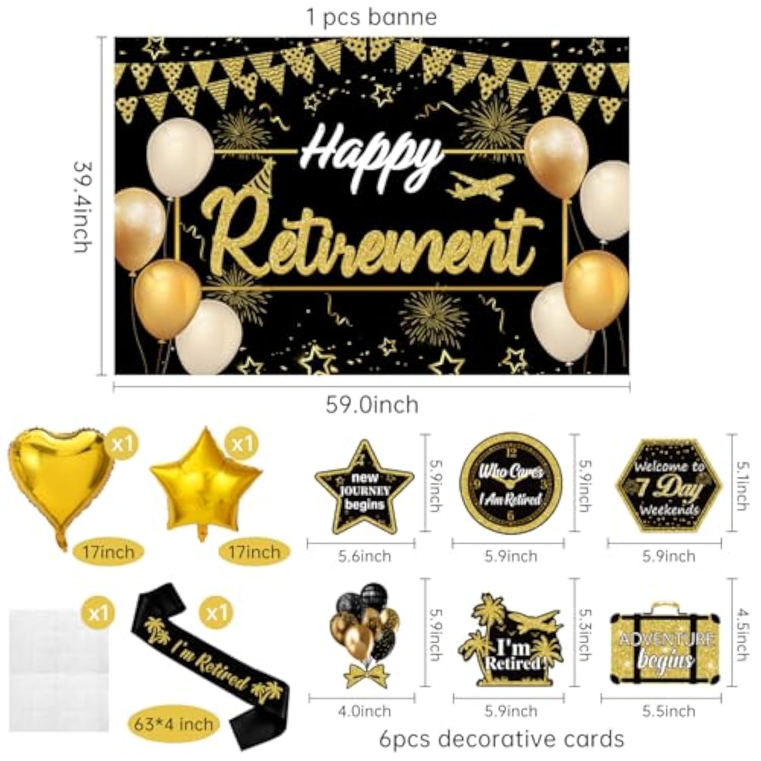 Retirement Party Decorations, Black Gold Happy Retirement Decorations Supplies - Banner Backdrop, Decorations Stickers, Retired Sash, Hanging Swirls, Foil Balloons, Honeycomb Centerpieces