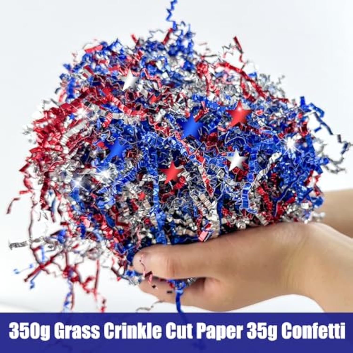 355G/12.5Oz American Patriotic Red Blue Crinkle Cut Paper With Star Confetti,Blue Red White Shred Filler Mix Raffia Tissue Craft Bedding Cushion, Party Birthday Gift Box