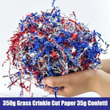 355G/12.5Oz American Patriotic Red Blue Crinkle Cut Paper With Star Confetti,Blue Red White Shred Filler Mix Raffia Tissue Craft Bedding Cushion, Party Birthday Gift Box