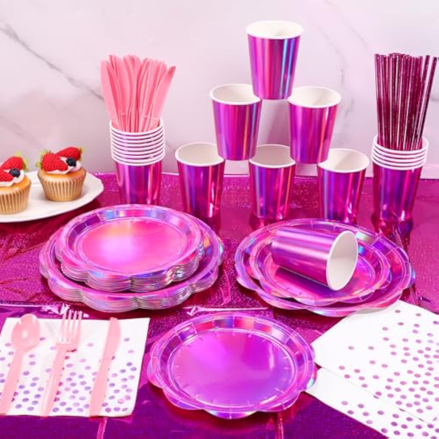 200PCS Pink Plates & Napkins Party Set for 25 Guests, Holographic Pink Decorations