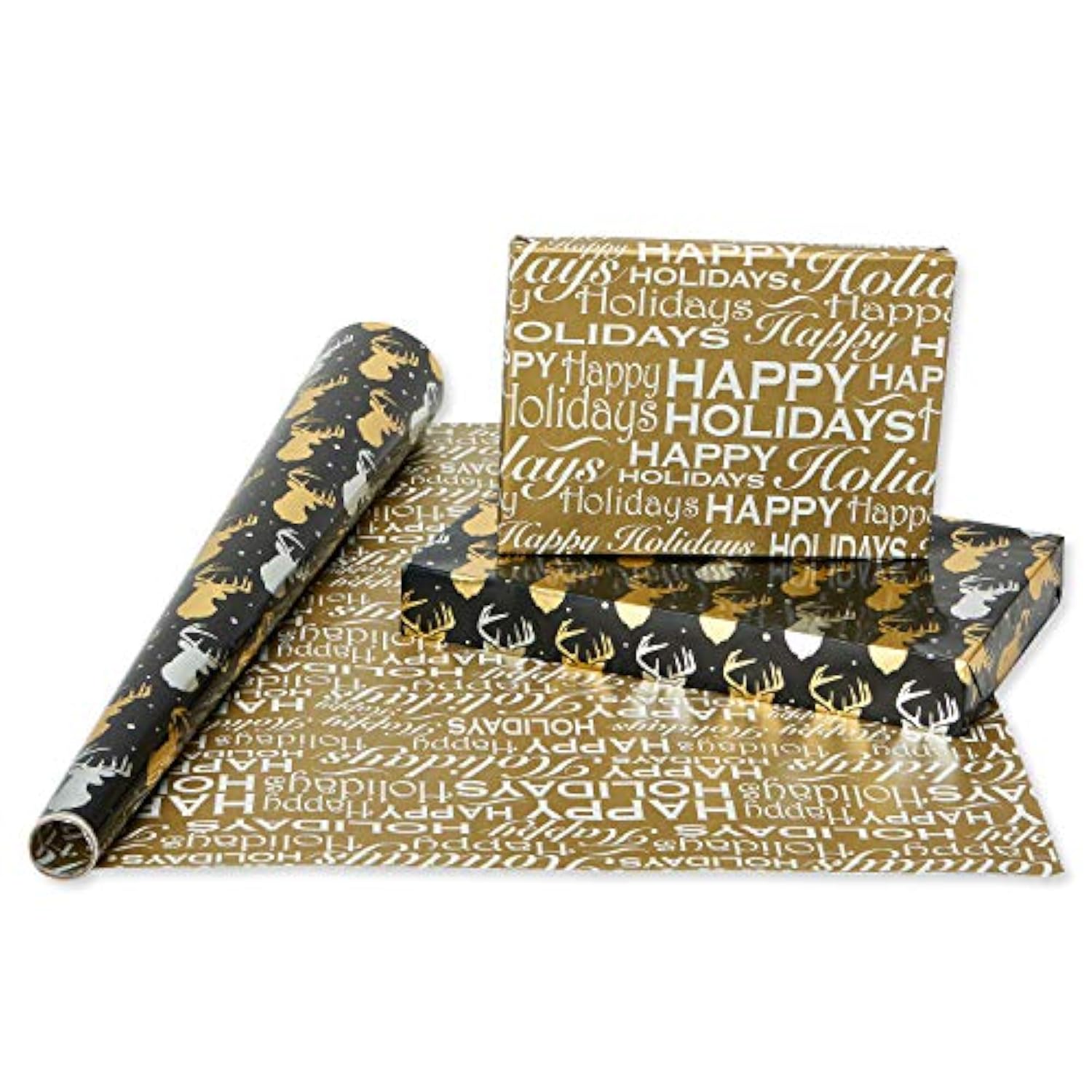 American Greetings Reversible Christmas Foil Wrapping Paper, Black and Gold, Plaid, Trees and Reindeer (4 Pack, 30", 80 sq. ft.)