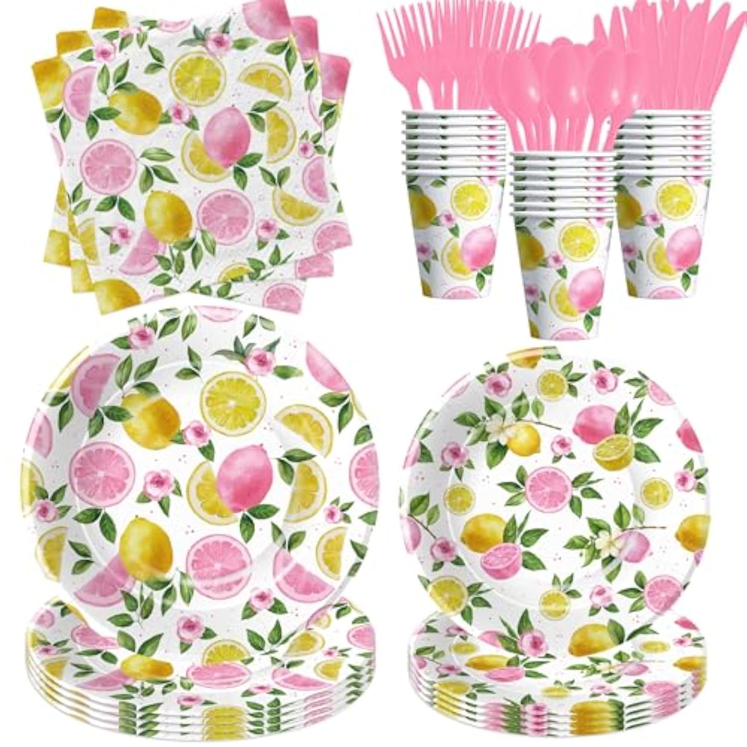 Lemon Party Decorations Tableware For Girls, Summer Pink Lemon Birthday Party Supplies, Disposable Paper Plate, Napkin, Cup, Cutlery, For Birthday Baby Shower Bridal Shower, 24 Guests