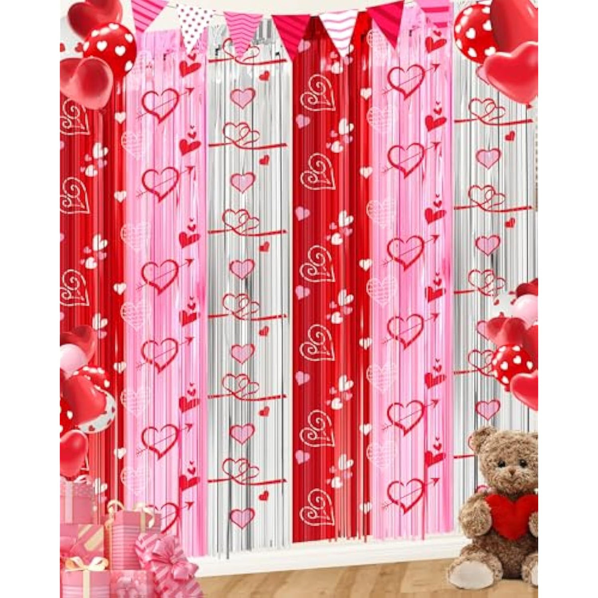 Valentines Decorations Foil Fringe Curtains For Party, 2 Pack 3.3 X 6.6 Ft Galentines Day Decorations Red Pink Silver Tinsel Streamer, Valentines Backdrop Heart Decoration For Birthday Wedding