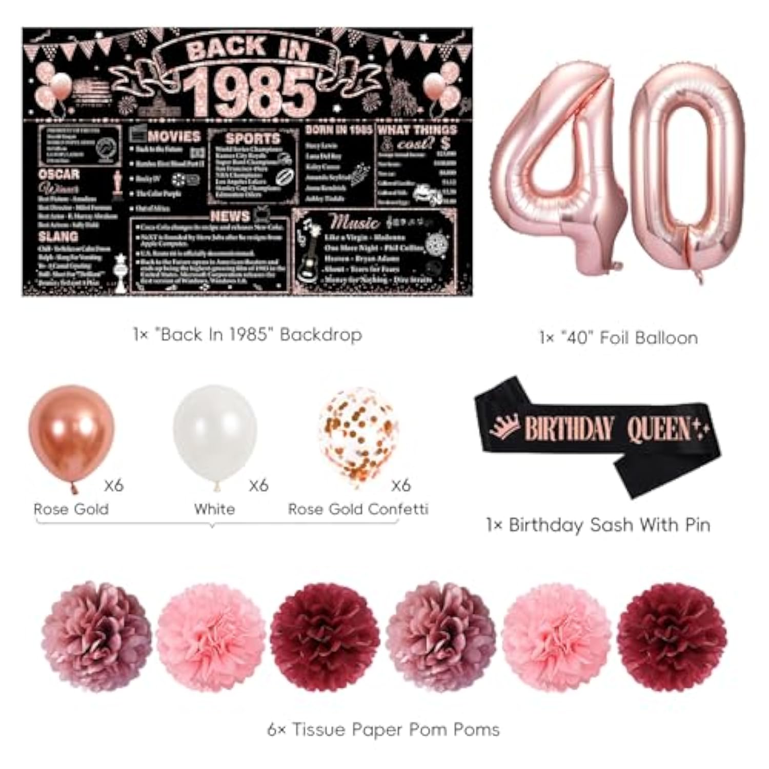 40Th Birthday Decorations For Women, Rose Gold Back In 1985 Birthday Banner Decorations, Happy 40Th Birthday Cake Topper, Balloons, Backdrop, Table Decorations, Sash Party Supplies For Women