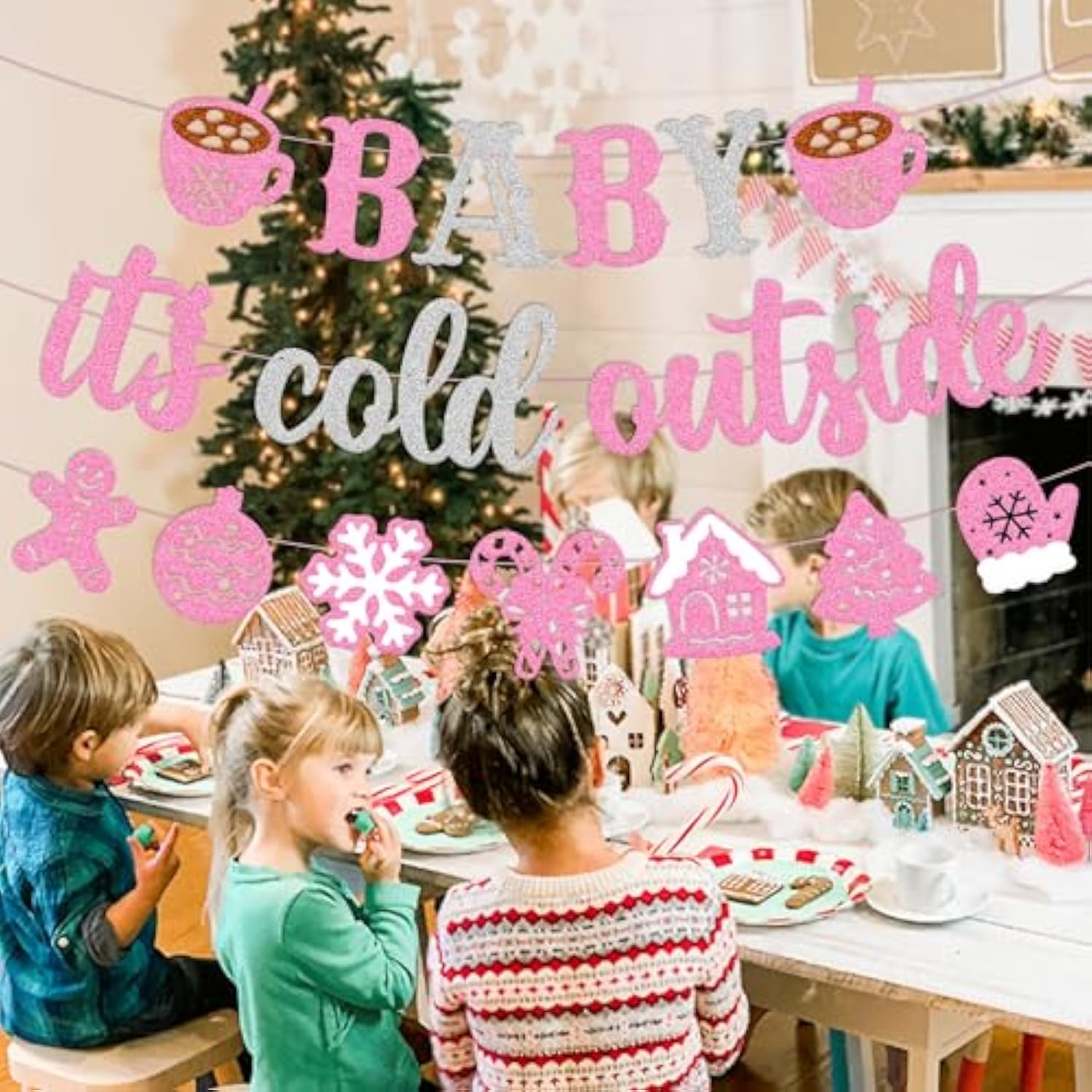 Baby It's Cold Outside Winter Baby Shower Banner Pink Glitter Decor