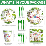 Monkey Birthday Decorations Tableware, Wild Jungle Animal Monkey Theme Party Supplies For Birthday Baby Shower, Paper Plate, Cup, Napkin, Cutlery, Serves 24