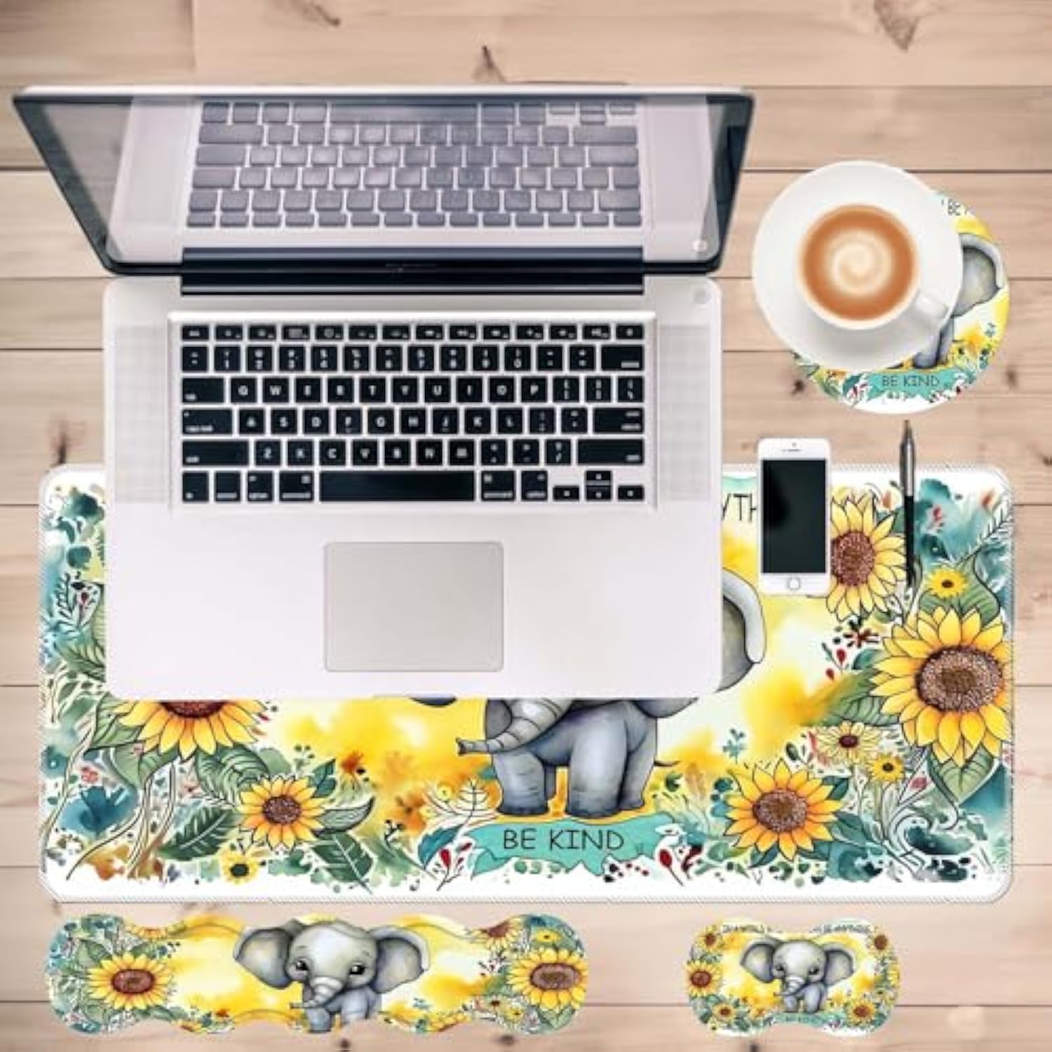Keyboard Mouse Pad Set,Large Desk Pad+Keyboard Wrist Rest+Mouse Pad Wrist Support+Coaster,Easy Typing Pain Relief Non-Slip Mousepad Wrist Support Mousepad Set Home Office,Sunflower Elephant