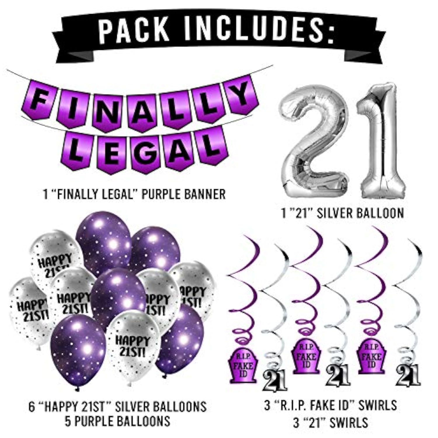 Finally Legal Purple Party Pack - Pre-Strung Banner, Balloon And Swirls - 21St Birthday Decorations For Him Or Her - Party Supplies And Gifts