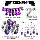 Finally Legal Purple Party Pack - Pre-Strung Banner, Balloon And Swirls - 21St Birthday Decorations For Him Or Her - Party Supplies And Gifts