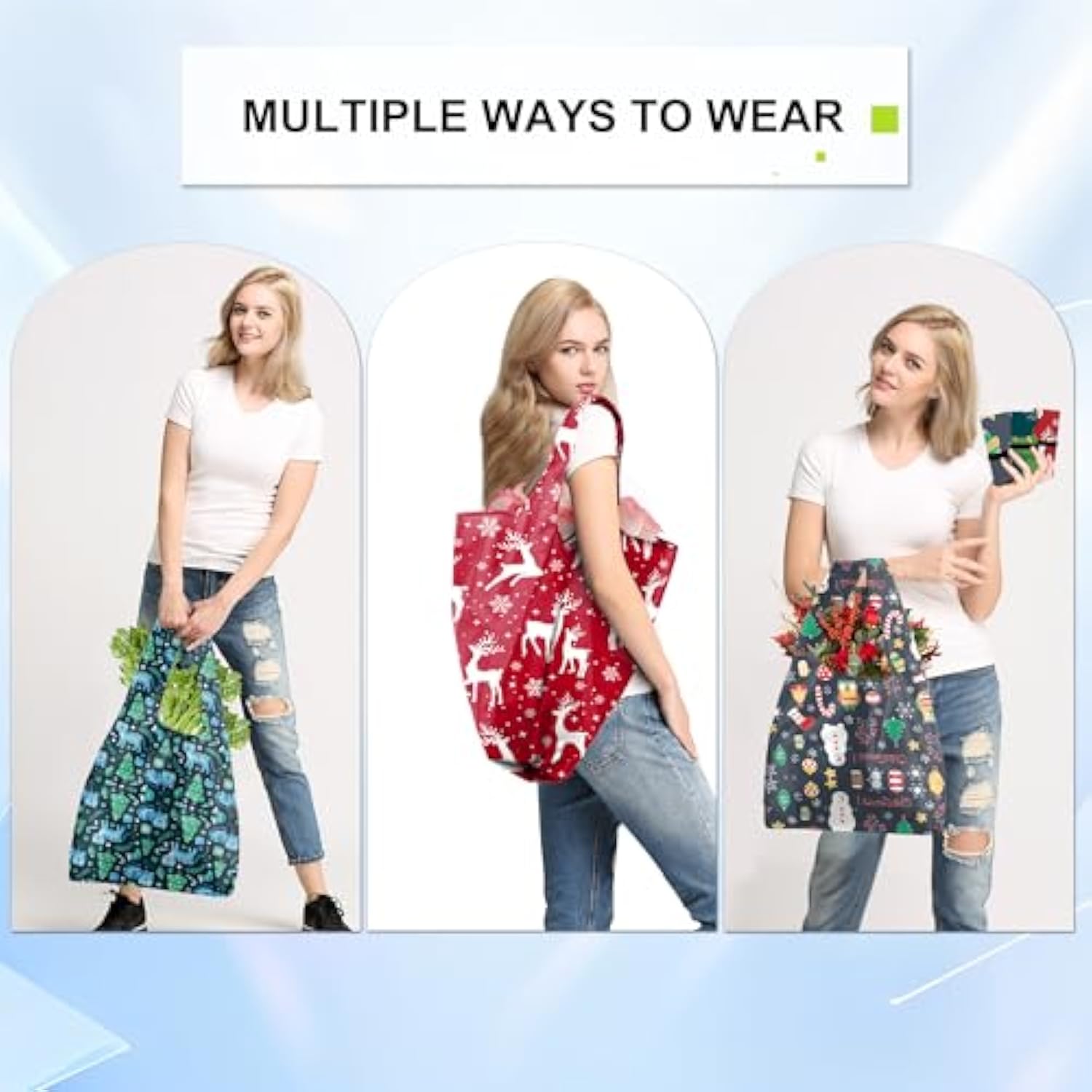 12 Pack Christmas Reusable Grocery Bags Christmas Gift- 50 Lbs Foldable Polyester Totes With Elastic Band And Storage Pouch For Shopping, Kitchen, Parties Shopping Bag Tote Bags Bulk