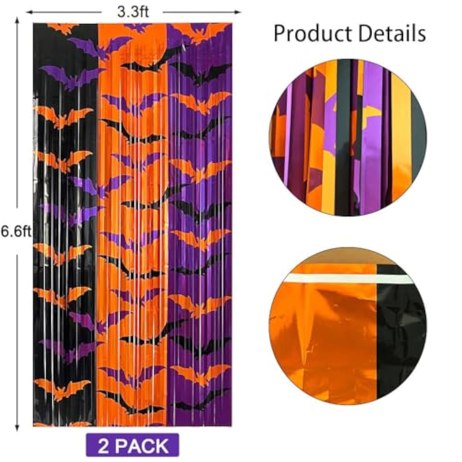 2 Pack Halloween Bat Foil Fringe Curtains 3.3x6.6ft Backdrop Black Orange Purple