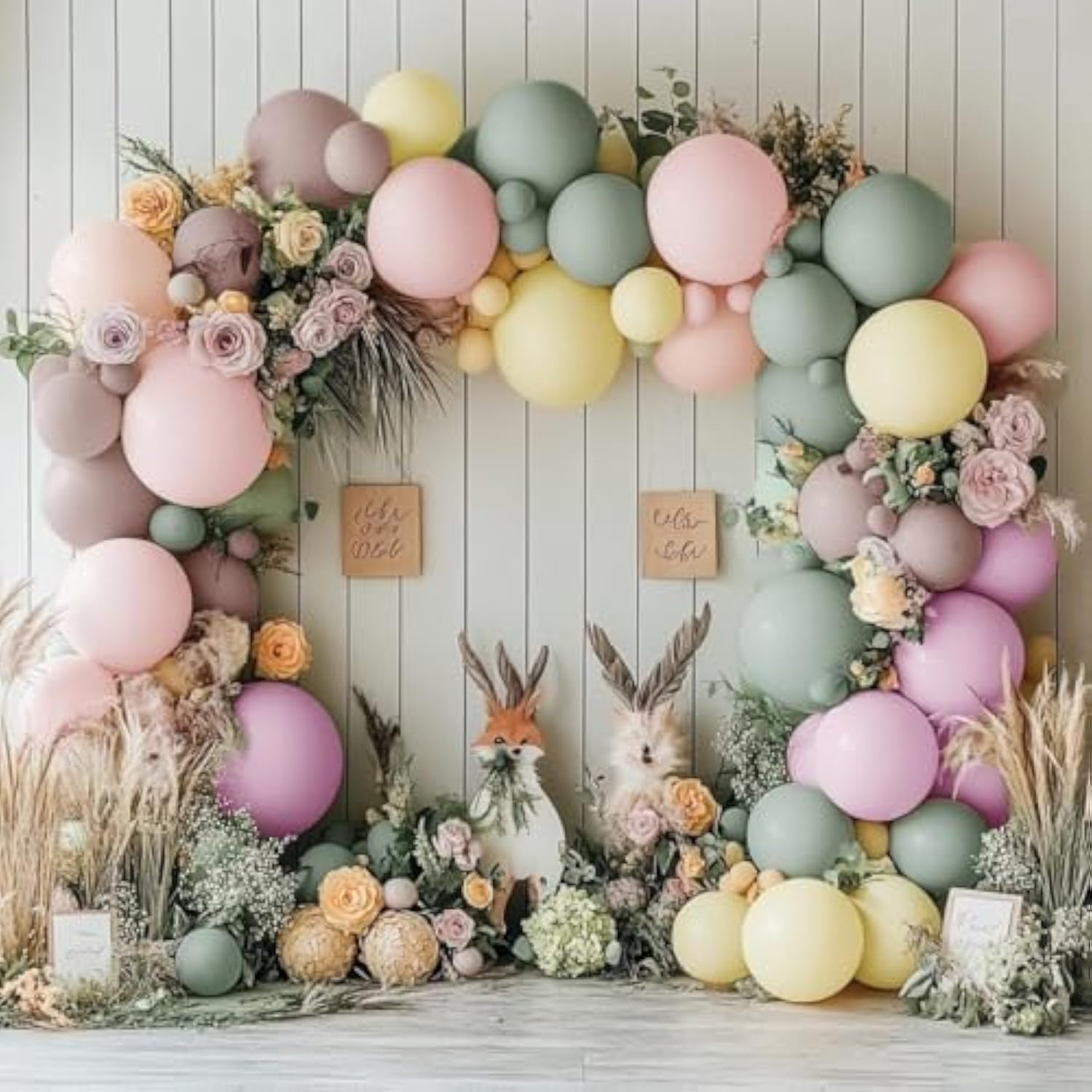 Pastel Floral Balloon Garland Kit – Dusty Green, Pink, Yellow & Purple Arch for Garden Parties