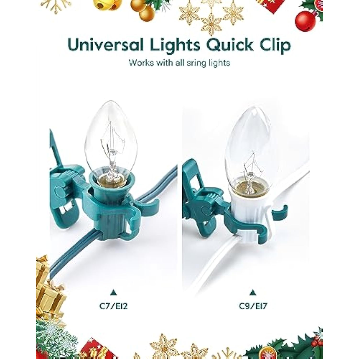 C7 C9 Christmas Lights Universal Spring Clips, 50 Count Quick Spring Clips For Holiday Light Decorations, Shatterproof Shingle And Gutter Clips For E12 E17, Metal Surface Roof Fence Railing Gates