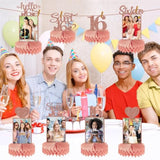 8Pcs Happy 16Th Birthday Decorations Honeycomb Centerpieces For Girls, Pink Rose Gold Glitter Sweet 16 Birthday Photo Table Centerpieces Party Supplies, Pink Sixteen Bday Photo Table Topper