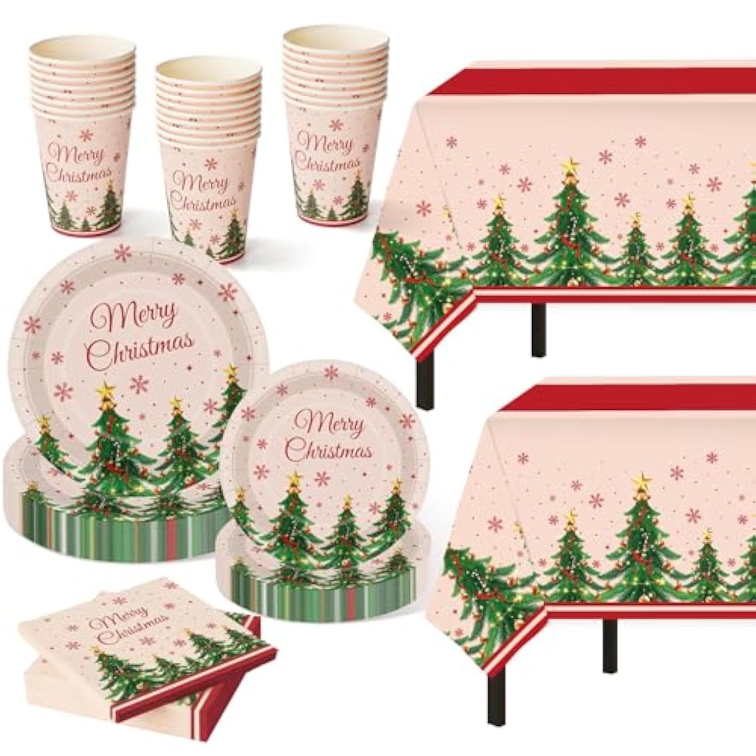 Christmas Party Supplies,102 Pcs Xmas Tree Themed Party Set,Christmas Decoration Dinnerware Set,Disposable Tablecloths Plates Cups Napkins Xmas Tableware For Home,Dinner,Picnic,Holiday,Parties