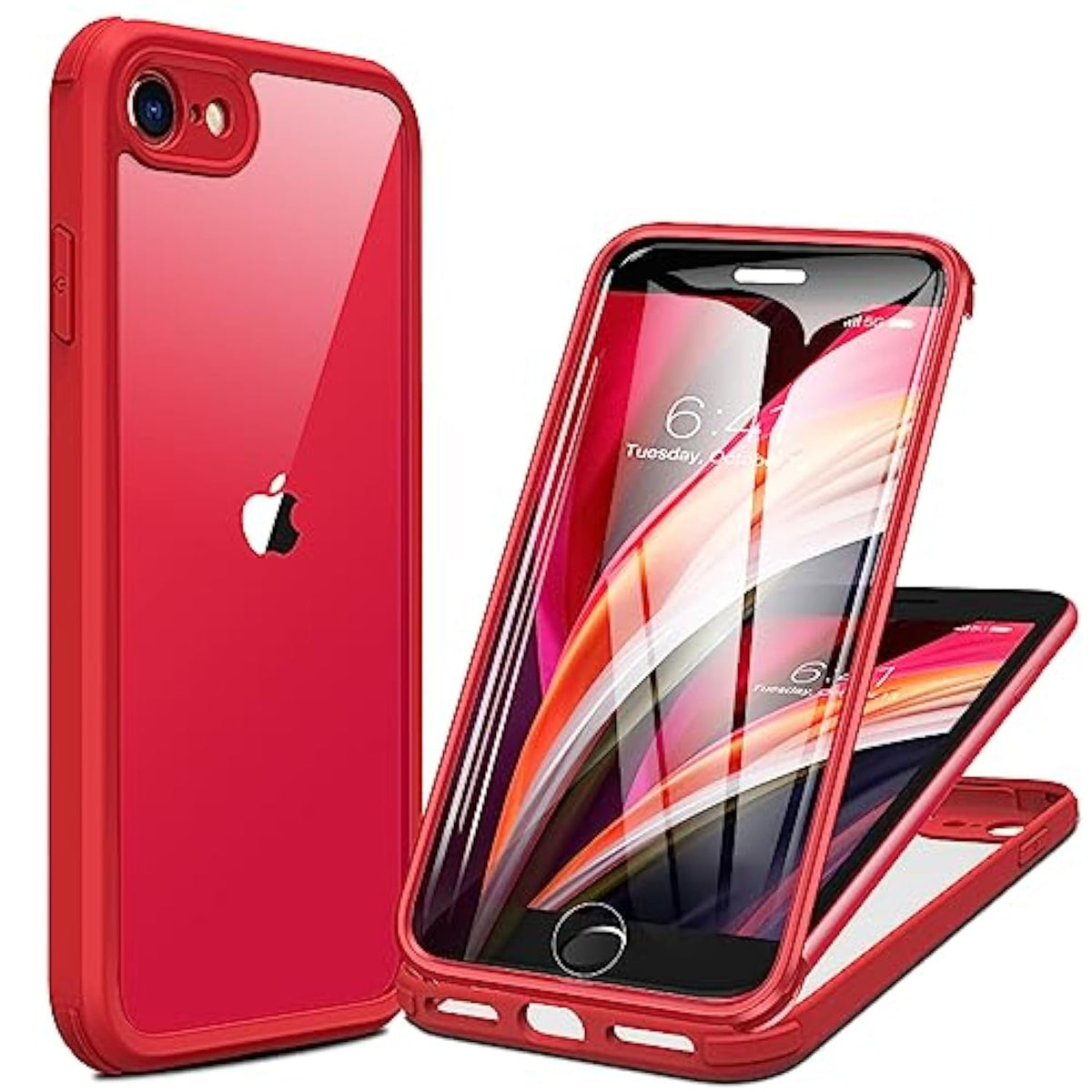 Iphone Se 2022 & 2020 Case, Iphone 8 Case [Built-In Glass Screen Protector] Military Grade Full Body 360 Shockproof Stylish Bumper Transparent Back Case Cover For Iphone Se 2020/ Iphone 8 (Red)