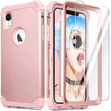 For Iphone Xr Case With Tempered Glass Screen Protector For Women, 3 In 1 Shockproof Slim Hybrid Heavy Duty Hard Pc Cover Soft Silicone Bumper Full Body Case, Rose Gold