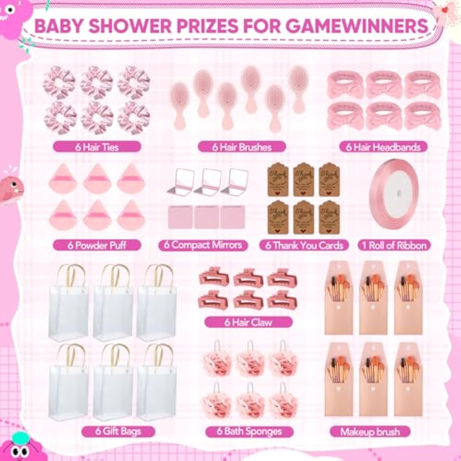 109Pcs Baby Shower Prizes For Winners Gifts Baby Shower Favors Including Headband Hair Brush Compact Mirror Bath Sponges Powder Puff Hair Tie Claw Makeup Brushes Gift Bag Bridal Shower(Pink)