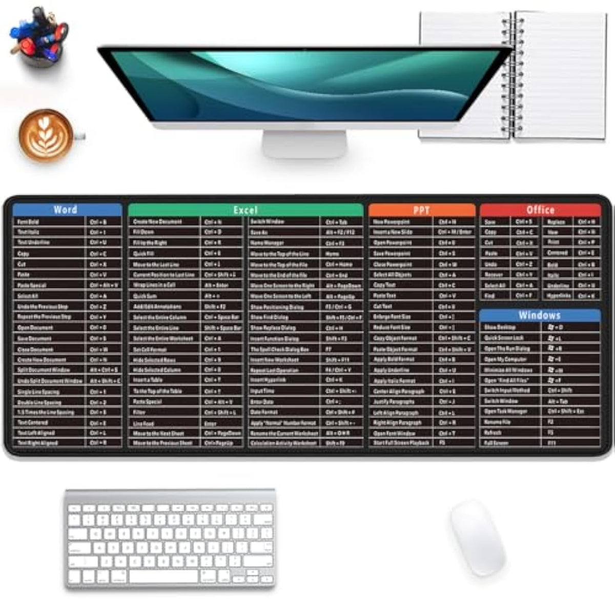 Large Extended Gaming Mouse Pad With Word Excel Office Software Excel Shortcuts Ppt Windows,Stitched Edges Nonslip Waterproof Rubber Base Mouse Pad For Office Desk Pad(27.5X11.8 In)