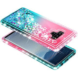 Case For Samsung Galaxy Note 9 With Screen Protector (Maximum Coverage, Flexible Tpu Film), Ring Holder/Wrist Strap, Sparkle Glitter Flowing Liquid, Women Girls Kids Cute Case -Pink/Aqua