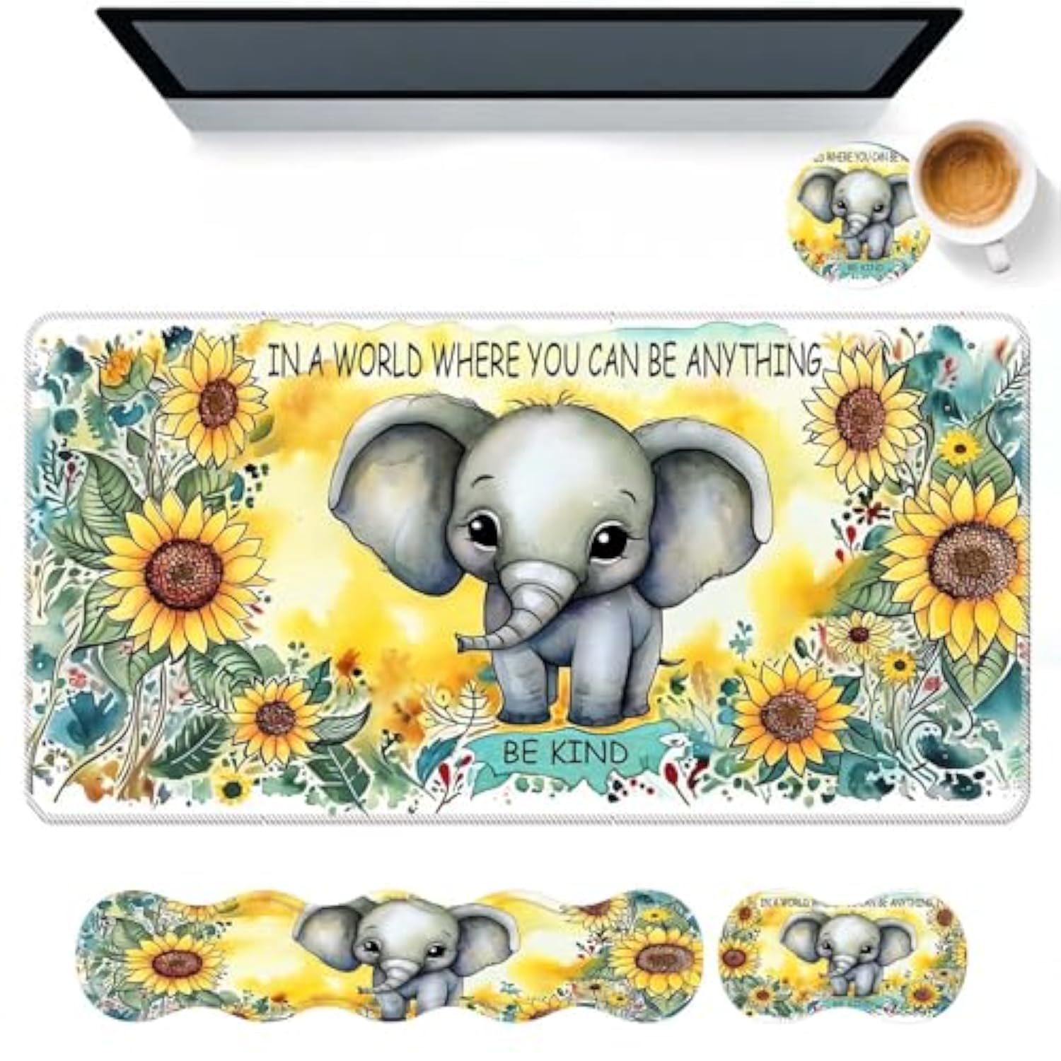 Keyboard Mouse Pad Set,Large Desk Pad+Keyboard Wrist Rest+Mouse Pad Wrist Support+Coaster,Easy Typing Pain Relief Non-Slip Mousepad Wrist Support Mousepad Set Home Office,Sunflower Elephant
