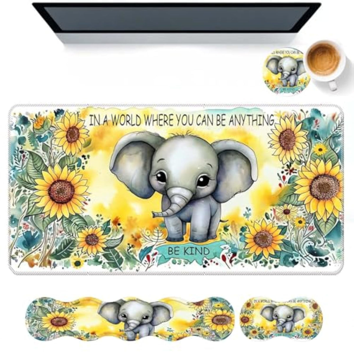 Keyboard Mouse Pad Set,Large Desk Pad+Keyboard Wrist Rest+Mouse Pad Wrist Support+Coaster,Easy Typing Pain Relief Non-Slip Mousepad Wrist Support Mousepad Set Home Office,Sunflower Elephant