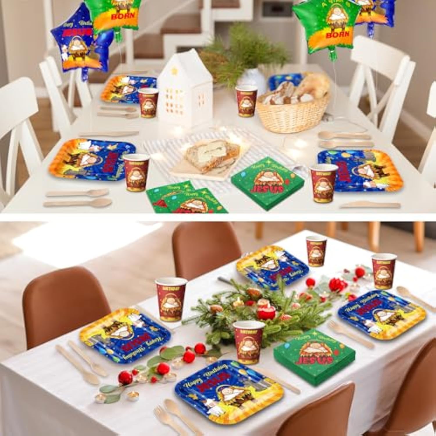 174 Pcs Happy Birthday Jesus Tableware With 24 Disposable Jesus Plates Cups Set 30 Disposable Jesus Napkins 24 Christmas Balloons Christmas Nativity Party Supplies Xmas Winter Holiday Party