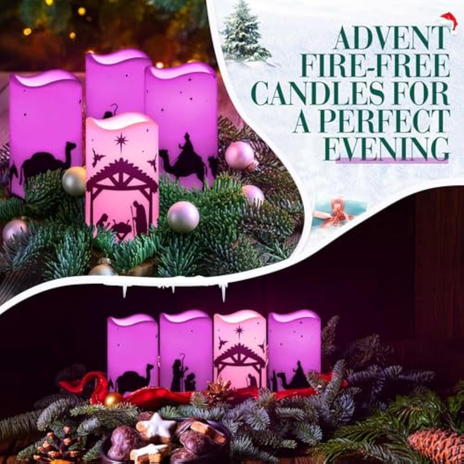 4 Pcs Advent Candles With Timer Battery Operated Led Flameless Christmas Pillar Candles For Church Home Wreath Holiday Decor