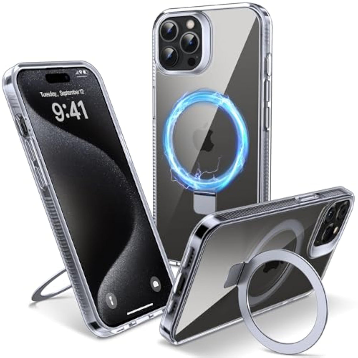 Clear Magnetic Case for iPhone 15 Pro Max with Built-in Invisible Stand and Military Grade Drop Protection