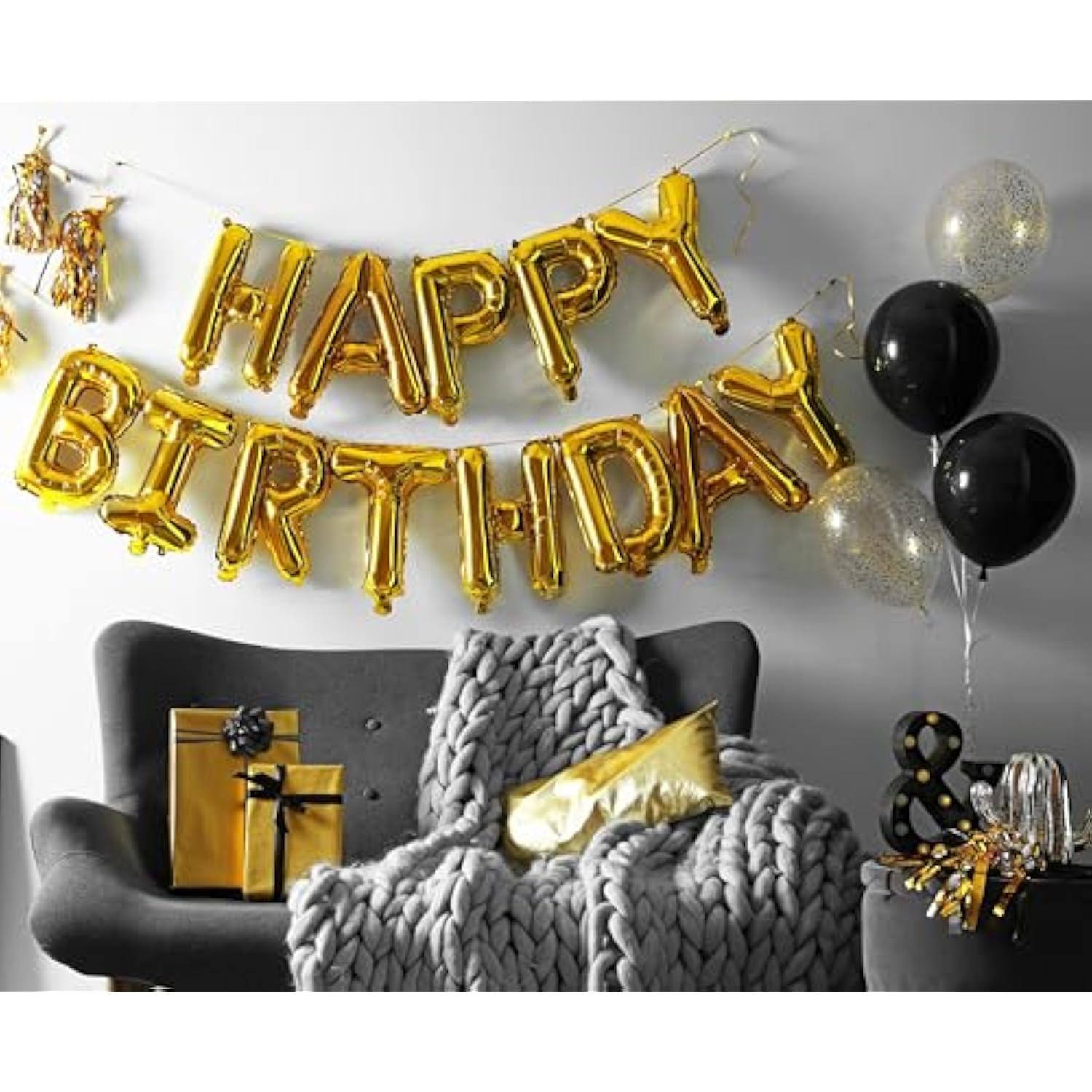 16in Gold Happy Birthday Foil Balloons Reusable Banner Party Decor