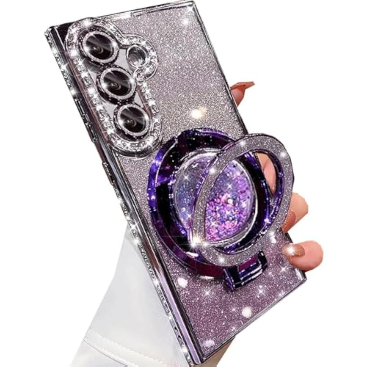 For Samsung Galaxy S24 Plus Glitter Kickstand Case,Luxury Bling Sparkly Diamond Rhinestone With Camera Protector Liquid Ring Stand Clear Phone Case For Women Girl For Galaxy S24 Plus (Purple)
