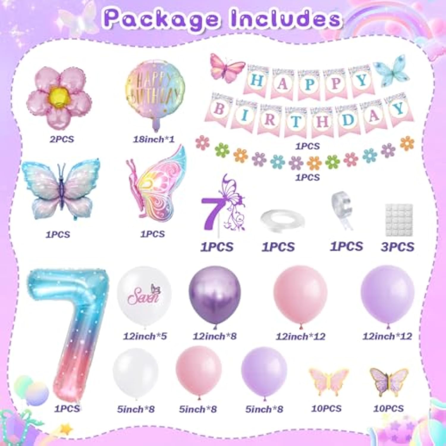 95pcs 7th Birthday Decor for Girls with Banner, Butterflies & Pink Purple Balloons