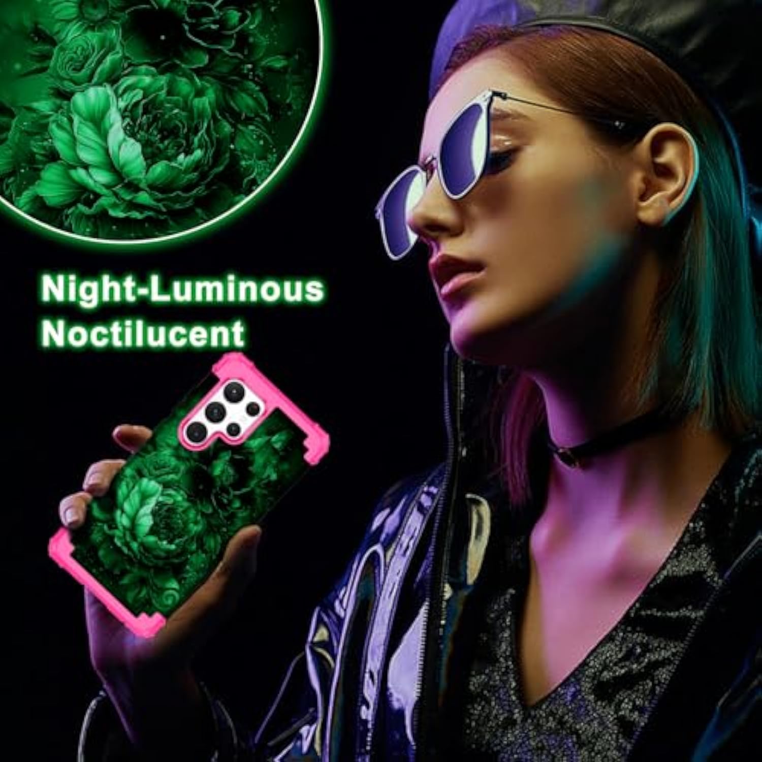 For Galaxy S22 Ultra Case,Three Layer Heavy Duty Shockproof Protection Hard Plastic Bumper +Soft Silicone Rubber Protective Case For Samsung Galaxy S22 Ultra 5G,Glow In The Dark-Hot Pink