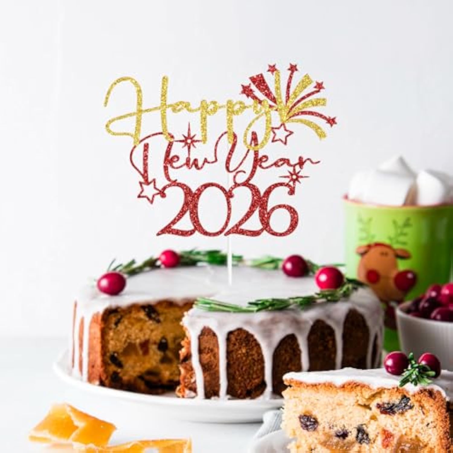 Happy New Year 2026 Cake Topper Red Glitter Party Decoration