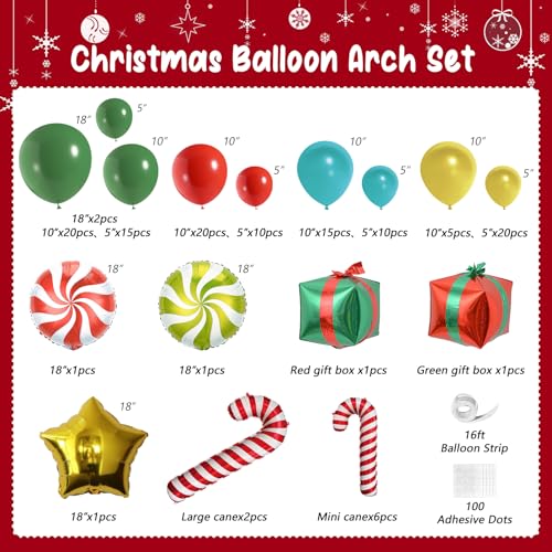 Christmas Balloon Garland Arch kit with 130Pcs Red Green Gold and Candy Balloons Gift Box Star Balloons for Christmas Party Decorations