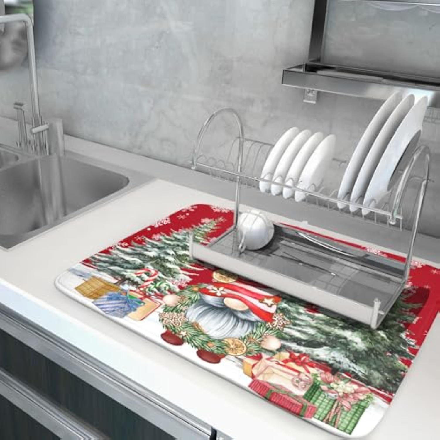 Christmas Dish Drying Mat For Kitchen Counter, Merry Christmas Dish Drying Mat 18 X 24 Inch Xmas Gnomes Absorbent Reversible Microfiber Dish Drying Pad Kitchen Drying Mat For Coffee Bar