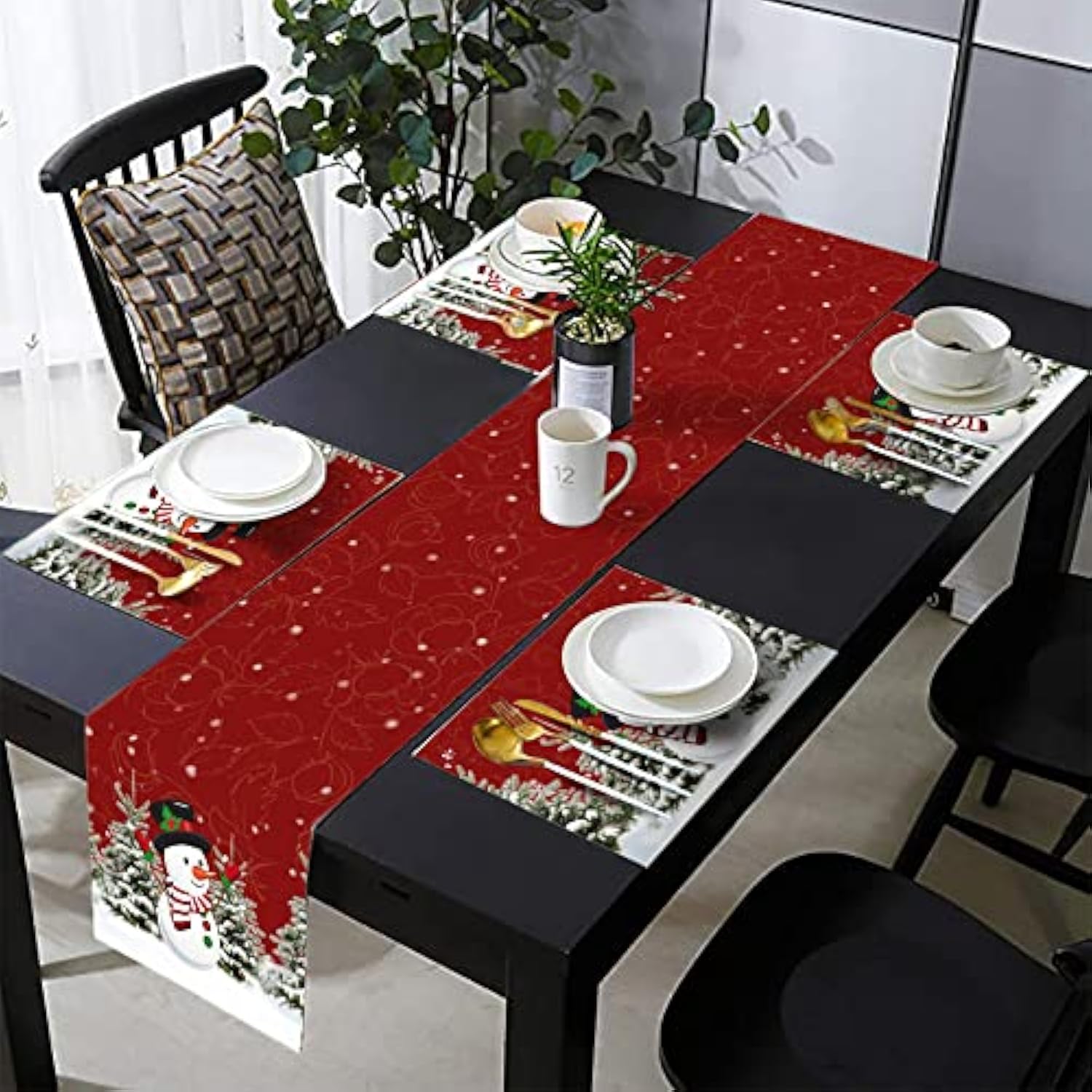 Winter Christmas Table Runner And Place Mats Set Of 7 Snowman Pine For Holiday Linen Dining Mat Sets Washable Red Home Decor 70 Inches Long