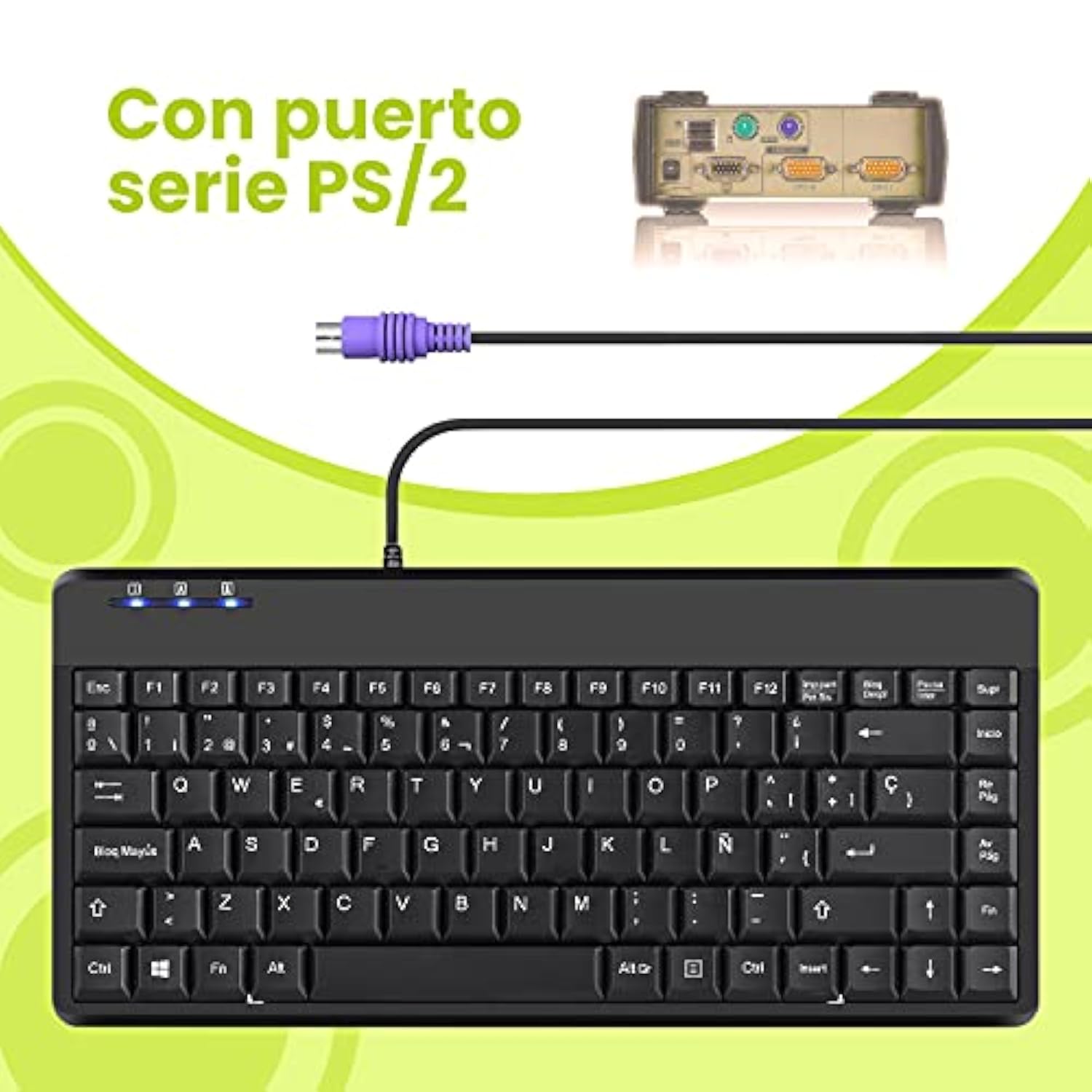 Perixx PERIBOARD-409P ES Mini Teclado con PS2 Cable - 314x146x20mm - Negro - Q