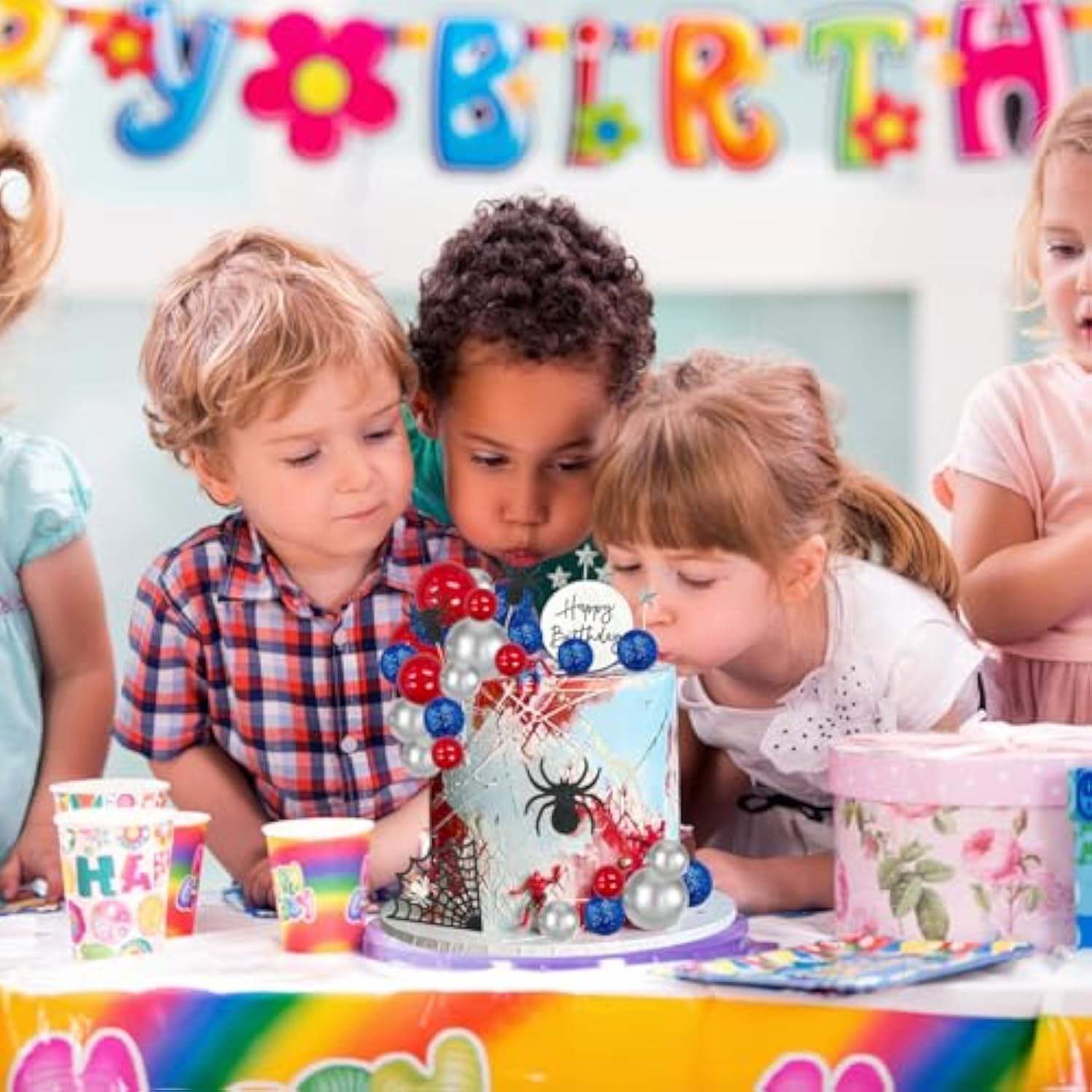 Spider Cake Topper Spider Web Cupcake Decorations Spiders Theme Cake Decor Glitter Happy Birthday Toppers Stars Red Silver Blue Balls Cupcake Topper For Boys Men Baby Shower Party Supplies