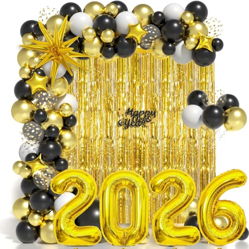 New Year Balloon Garland Arch Kit for New Year Decorations 2026 - Black Gold and White Balloons Different Sizes 5 12 18 Inch new year Eve Balloons Arch