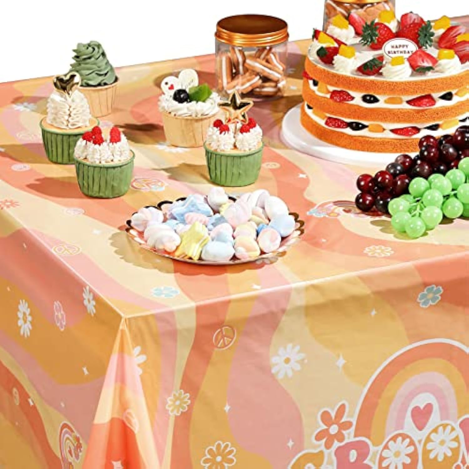 3 Pieces Rainbow Plastic Groovy Tablecloths Retro Hippie Table Covers For Rectangle Table, Disposable Daisy Flower Rainbow Party Decorations For 60S 70S Boho Themed Birthday Carnival Party