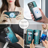For Iphone 16 Pro Magnetic Wallet Case Compatible With Magsafe With Rfid Blocking Zipper Strap Card Holder For Women Men Pu Leather Detachable Case For Iphone 16 Pro (6.3 Inches), Blue Green
