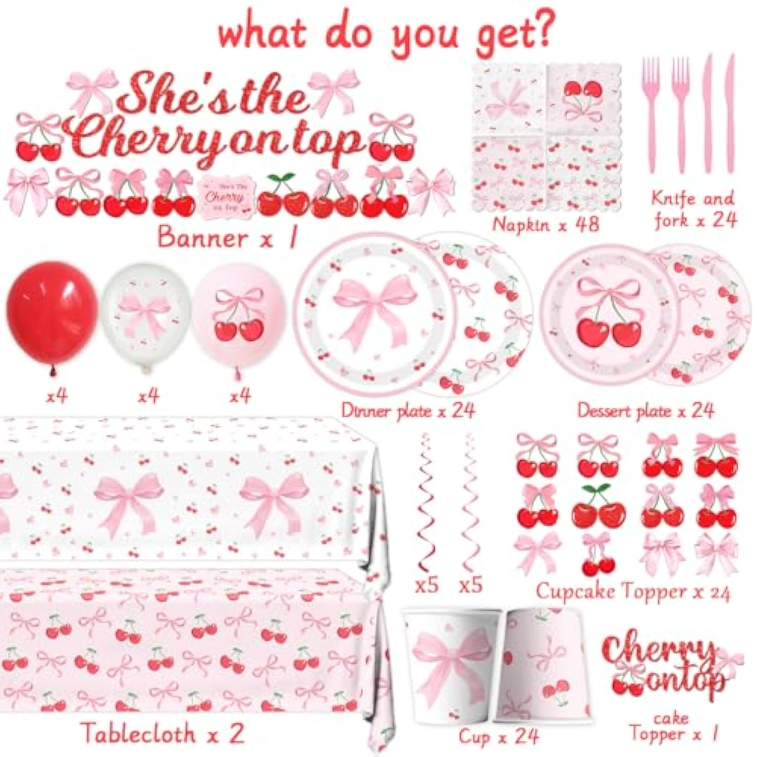 Pink Bow Party Supplies,208Pcs Coquette Birthday Party Decorations Includes Bow Cherry Paper Plates And Napkins,Cups,Banner,Tablecloth,Balloons,Serves 24 For Girls Bachelorette Party