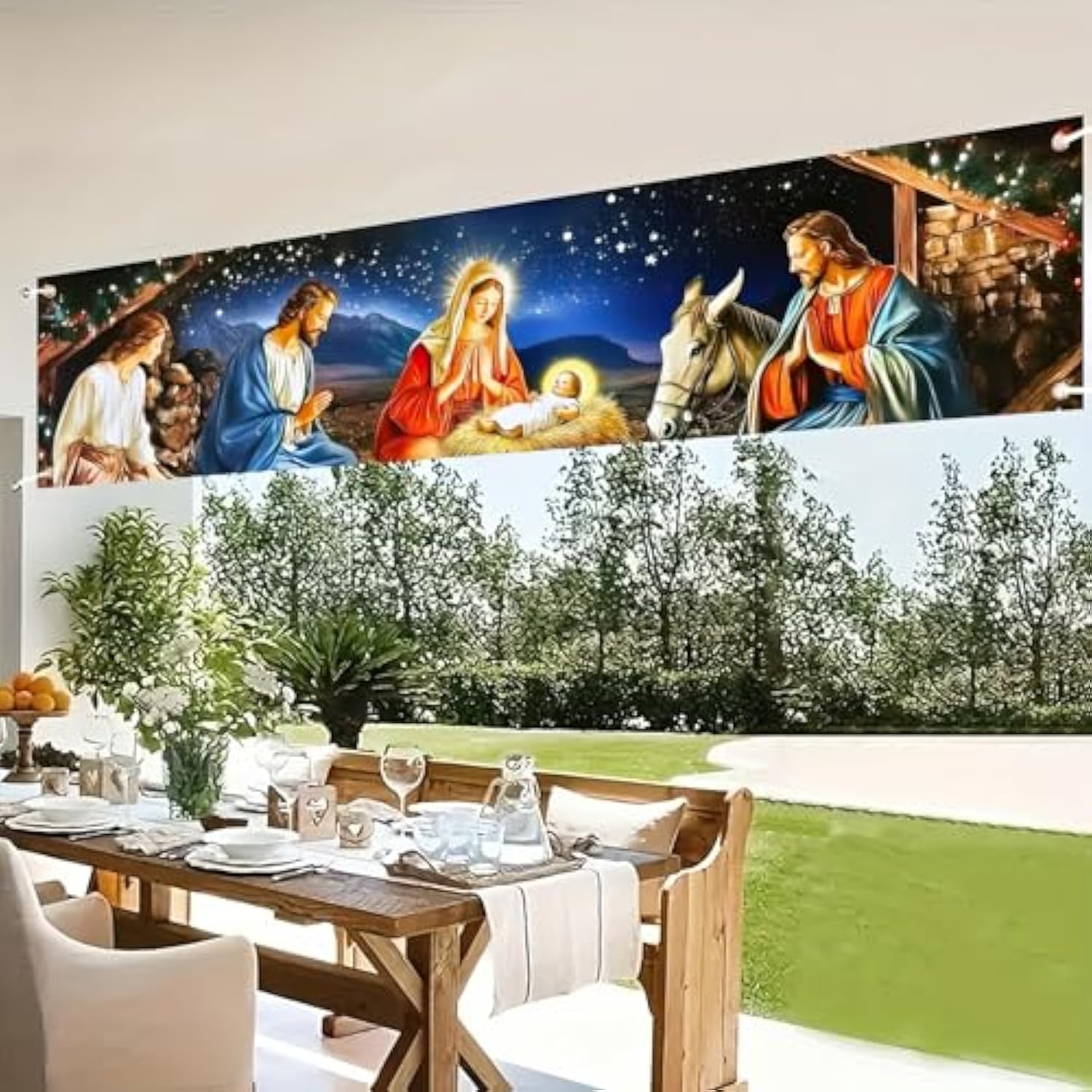 Christmas Holy Nativity Scene Banner 17X79 Inch - Religious Xmas Home Yard Decoration - Large Mary Joseph Baby Jesus Winter Holiday Photography Booth
