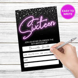 Neon 16Th Birthday Invitations, Glow Theme Birthday Party Invites Decorations, Kids Adults Birthday Party And Events Supplies, 20 Fill-In Invites Cards With Matching Envelopes?Yqk-023?