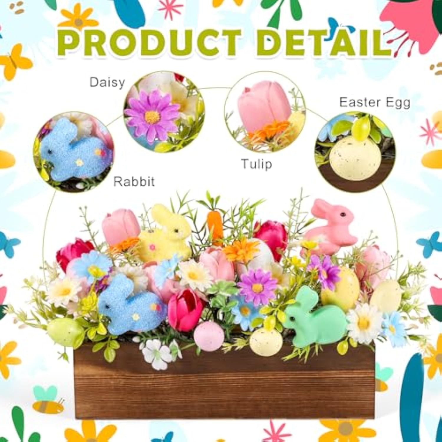 Easter Table Centerpieces Artificial Floral Arrangements Wooden Crate, Potted Plant With Rabbit Eggs Tulips Carrots Flowers For Spring Easter Tiered Tray Shelf Table Home Farmhouse Decor
