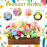 Easter Table Centerpieces Artificial Floral Arrangements Wooden Crate, Potted Plant With Rabbit Eggs Tulips Carrots Flowers For Spring Easter Tiered Tray Shelf Table Home Farmhouse Decor